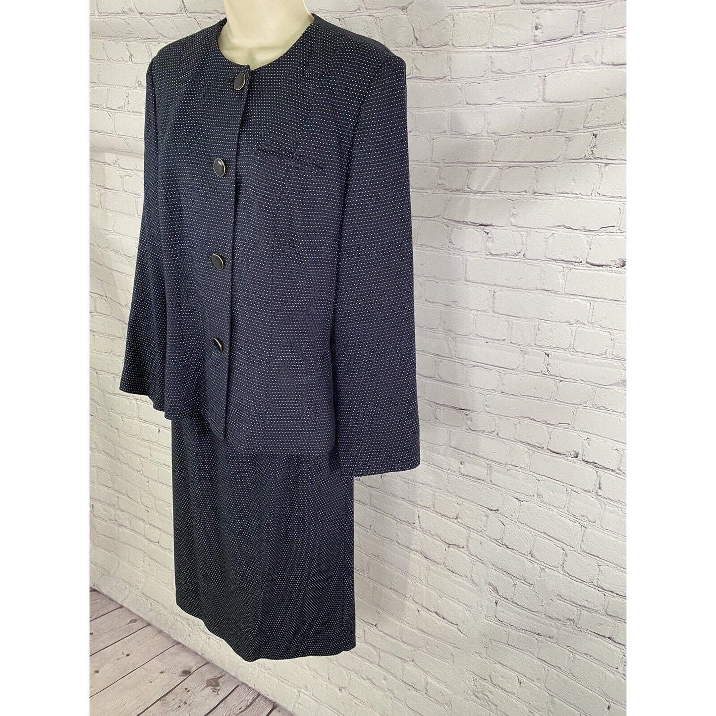 VTG Karen Ellis Navy Blue Two Piece Pencil Skirt Suit Jacket Blazer Size 6