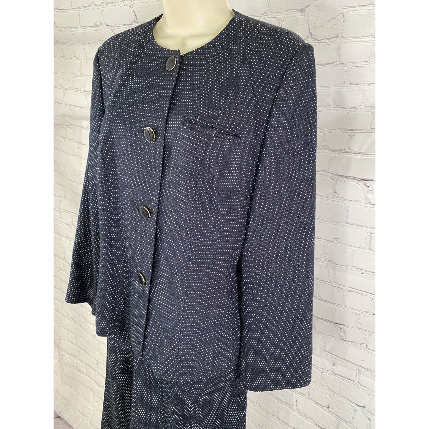 VTG Karen Ellis Navy Blue Two Piece Pencil Skirt Suit Jacket Blazer Size 6