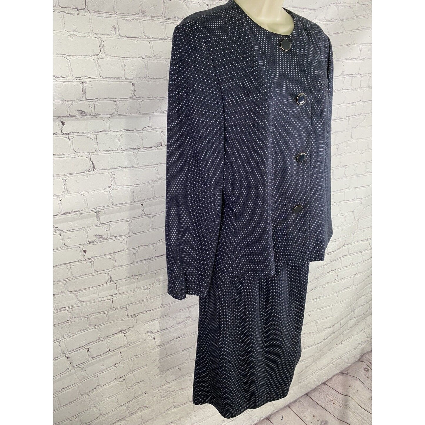 VTG Karen Ellis Navy Blue Two Piece Pencil Skirt Suit Jacket Blazer Size 6