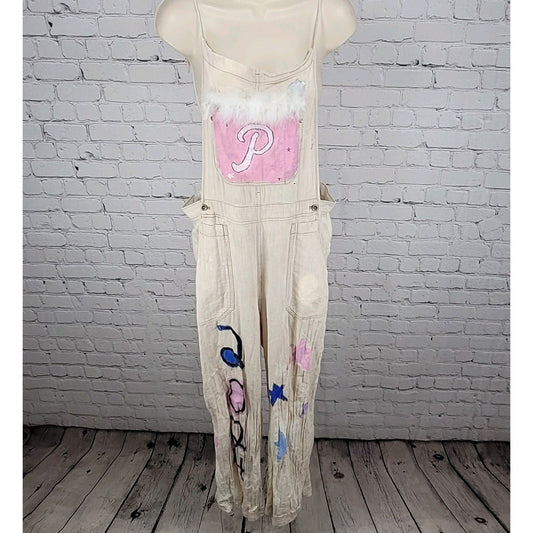Free People Beige Linen Cotton Blend Reworked Painters Overalls Jumpsuit Large L