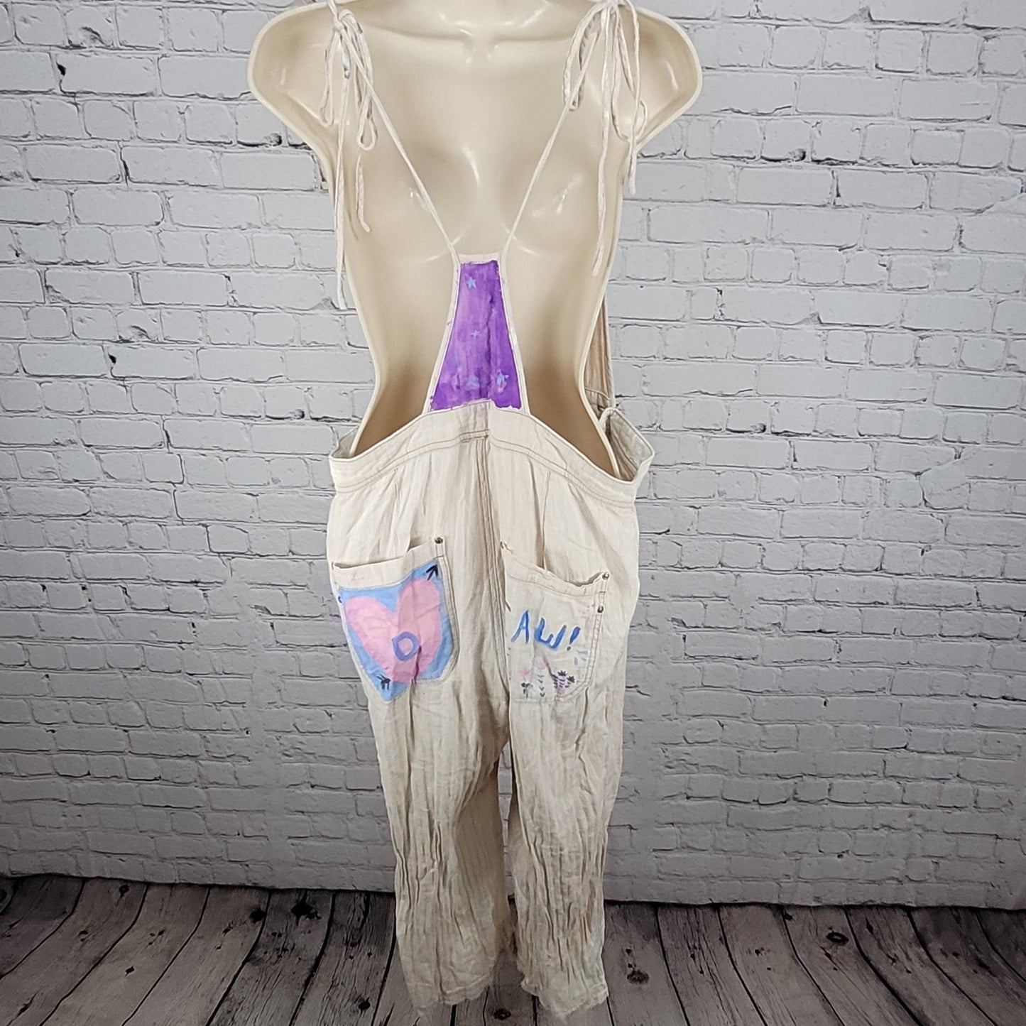 Free People Beige Linen Cotton Blend Reworked Painters Overalls Jumpsuit Large L