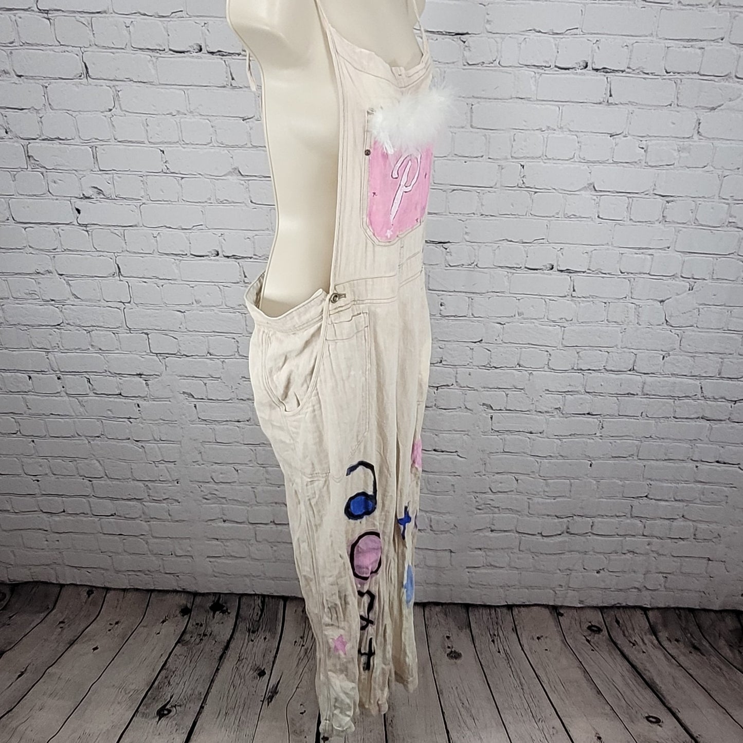 Free People Beige Linen Cotton Blend Reworked Painters Overalls Jumpsuit Large L