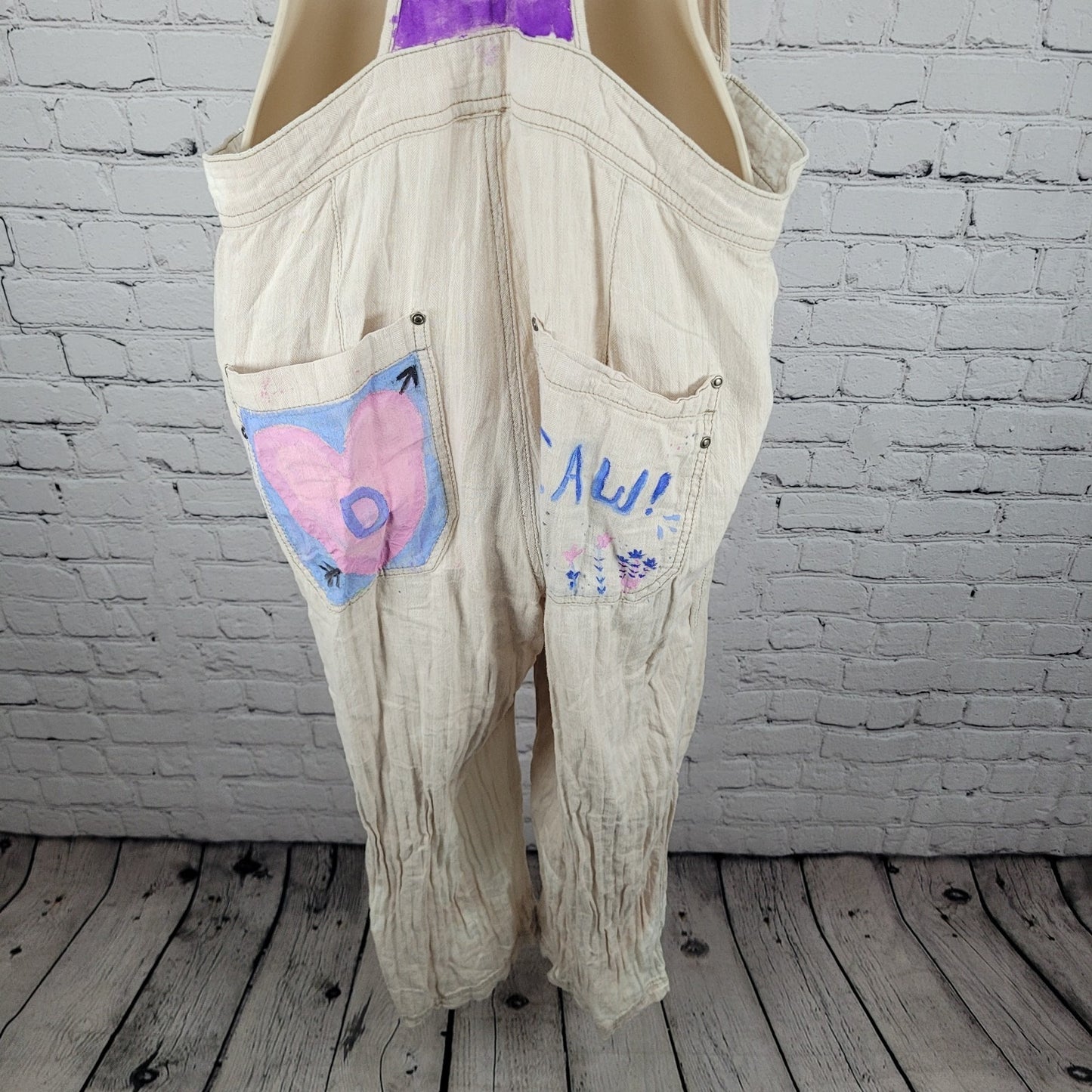 Free People Beige Linen Cotton Blend Reworked Painters Overalls Jumpsuit Large L
