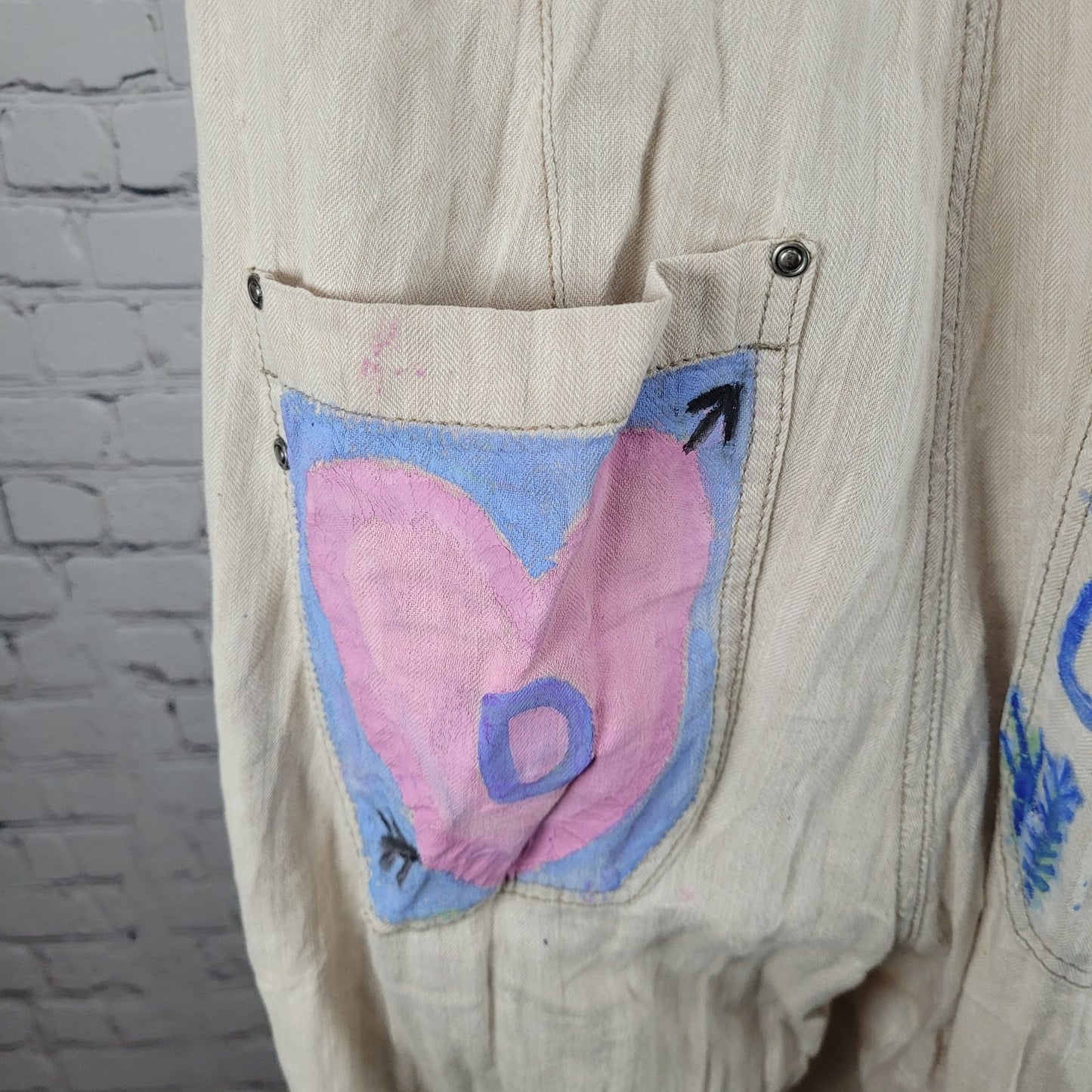 Free People Beige Linen Cotton Blend Reworked Painters Overalls Jumpsuit Large L
