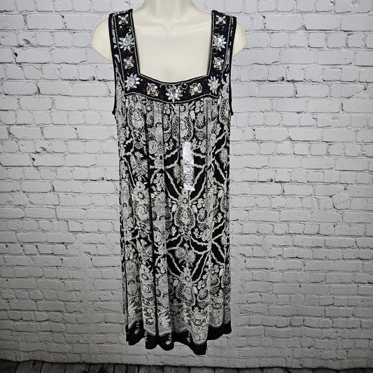 NWD Forbidden Black White Floral Beaded Sequin Accents Boho Midi Dress Large L