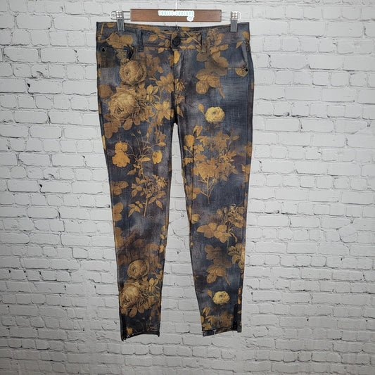 Mos Mosh Blue Gold Floral Mid Rise Zip Ankle Stretch Skinny Jeans 28 (28x28)