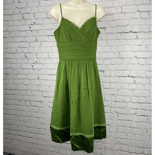 Laundry Green Silk Strappy Flare Pleated Sheer Overlay Zipped Lined Dress Size 6
