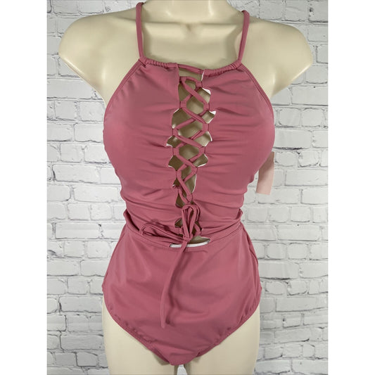 NWT Perla Negra Mauve Crisscross Deep V One piece suit  Swimwear Women’s M