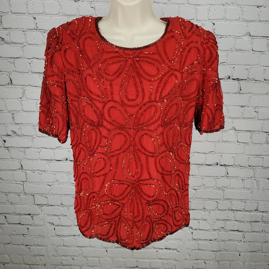 Laurence Kazar Red Silk Beaded Sequin Shoulder Pad Blouse Top Size Small S