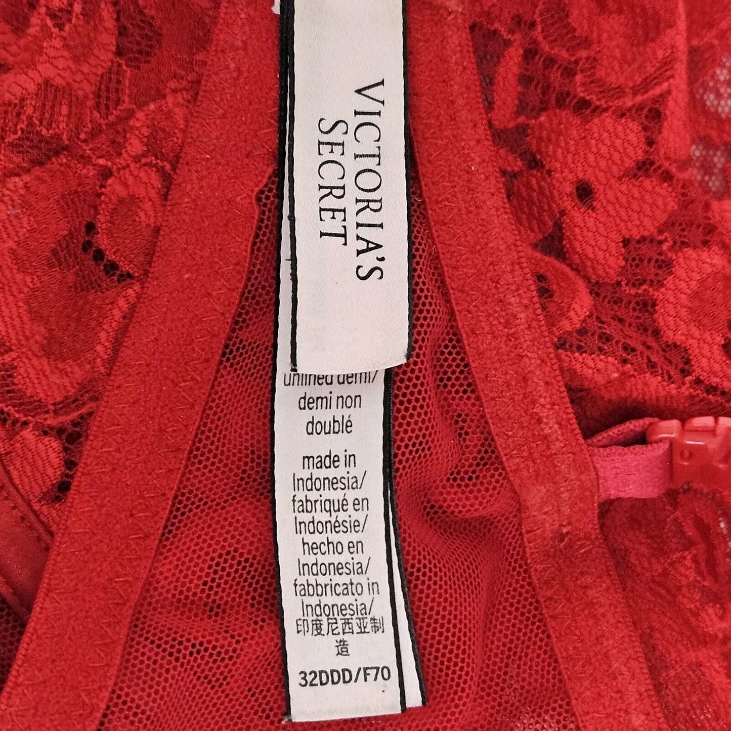 Victoria's Secret Red Floral Lace Sheer Underwire Bra Size 32DDD
