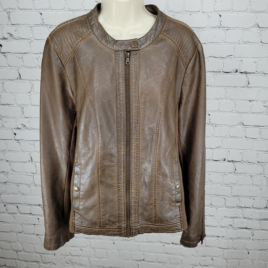 Sebby Collection Saddle Brown Vegan Leather Knit Stretch Sides Jacket Size XL
