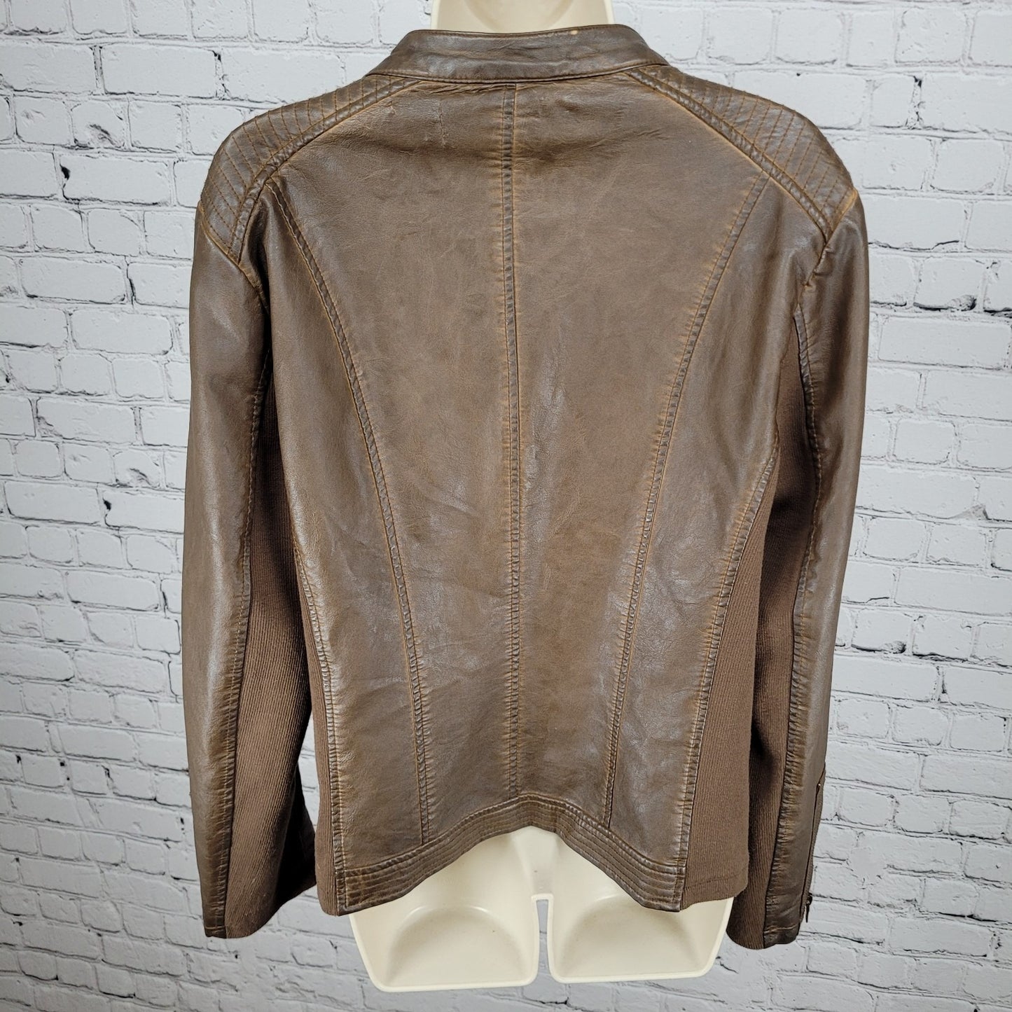 Sebby Collection Saddle Brown Vegan Leather Knit Stretch Sides Jacket Size XL