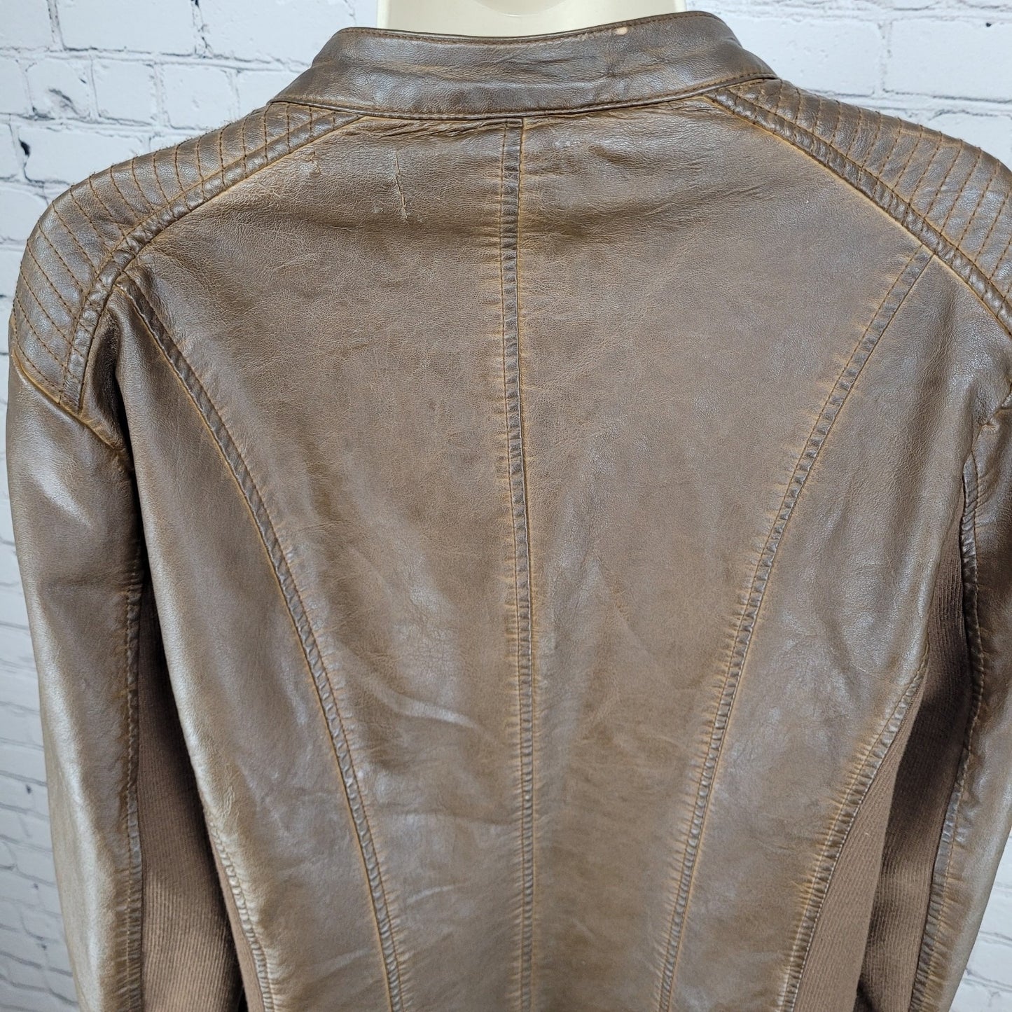 Sebby Collection Saddle Brown Vegan Leather Knit Stretch Sides Jacket Size XL