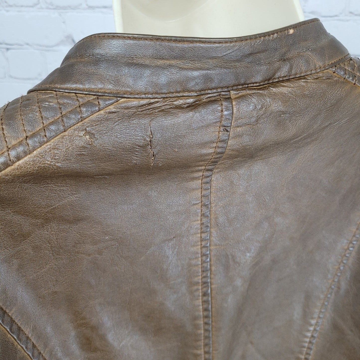 Sebby Collection Saddle Brown Vegan Leather Knit Stretch Sides Jacket Size XL