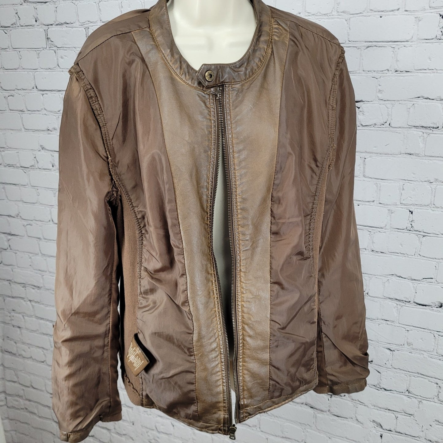 Sebby Collection Saddle Brown Vegan Leather Knit Stretch Sides Jacket Size XL