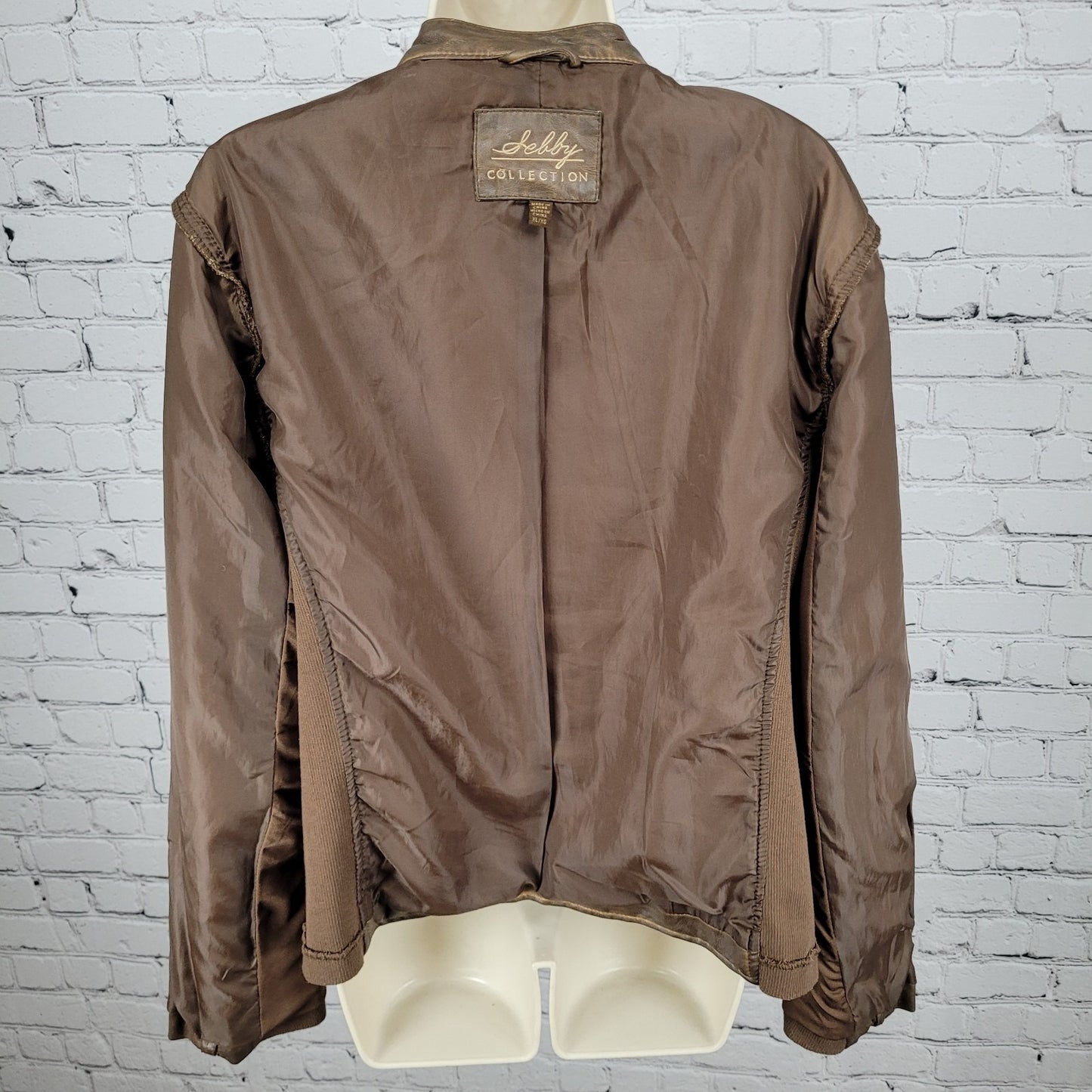 Sebby Collection Saddle Brown Vegan Leather Knit Stretch Sides Jacket Size XL