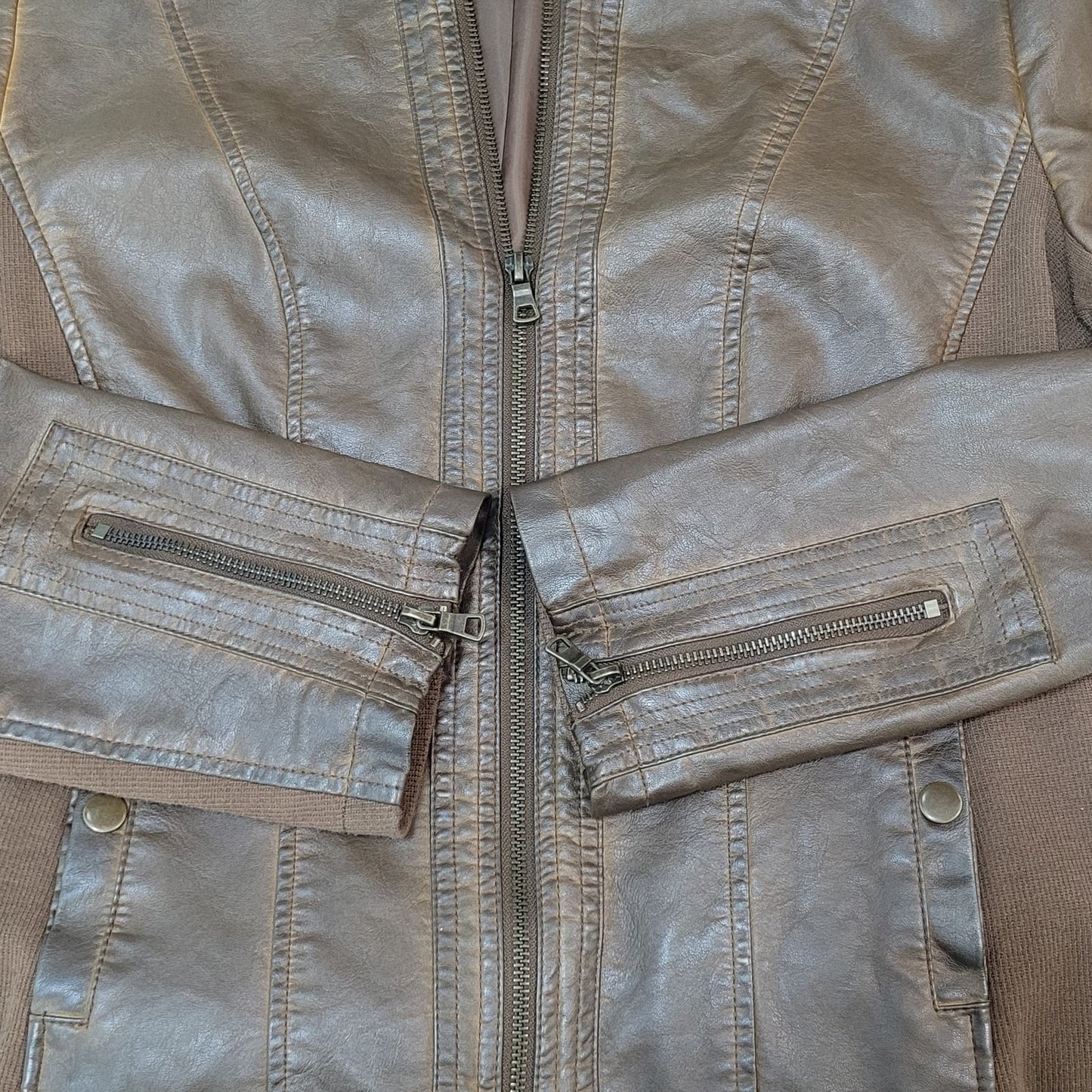 Sebby Collection Saddle Brown Vegan Leather Knit Stretch Sides Jacket Size XL