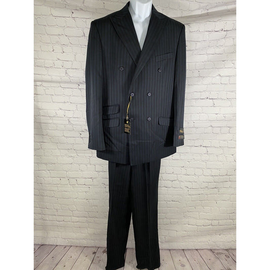 NWT Falcone Superlative 150s Blue Black Striped Pant Suit 42L 35W