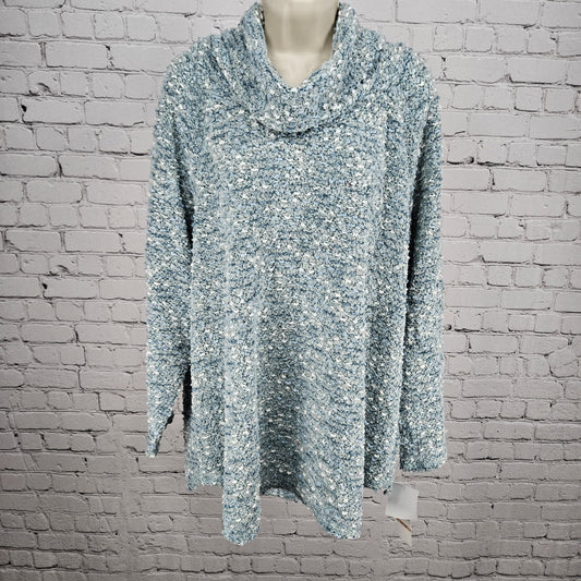 NWT Ruby Rd Jade Blue Wool Blend Boucle Turtle Neck Pullover Relaxed Sweater 2X