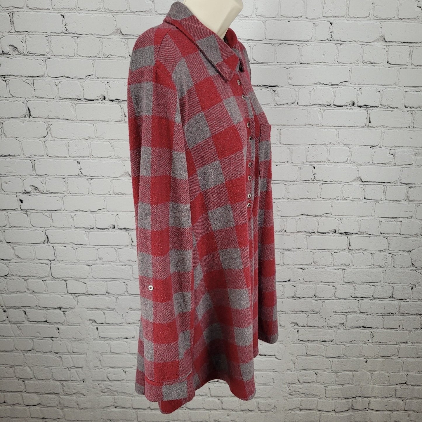 Soft Surroundings Red & Grey Check Stretch Button Up Long Sleeve Shirt Size PXL