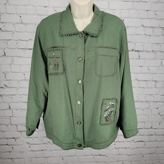 VTG C.A. Sport Green 100% Silk Lightweight Buttoned Lined Jacket Safari Large L