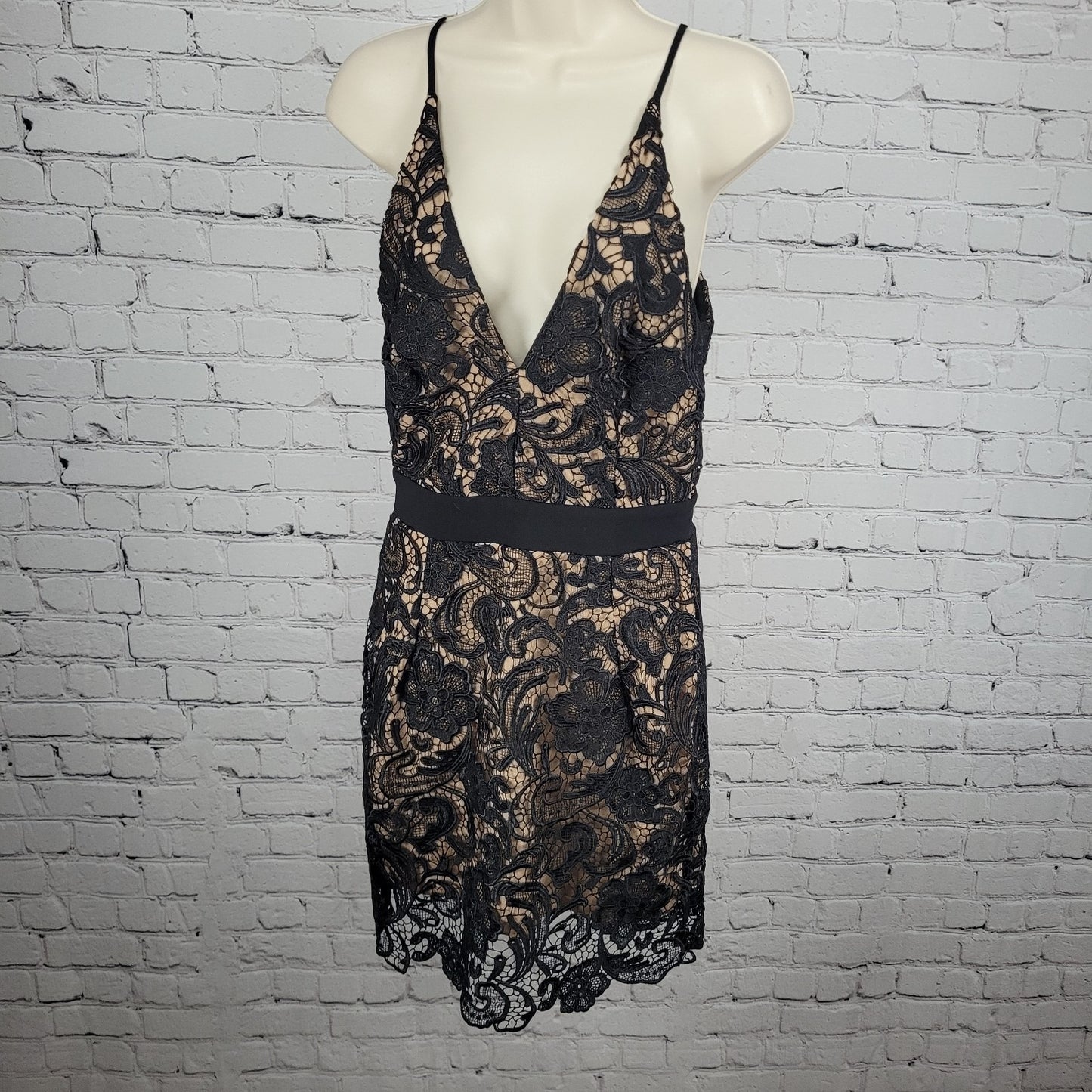 Dress The Population Black Crochet Lace Overly Strappy Plunge Dress USA Medium M