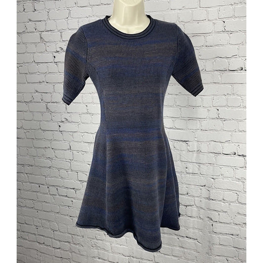 Athleta Blue Grey Wool Blend Sweater Short Sleeve Flare Ribbed Dress Size XS