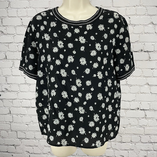 Black Floral 100% Silk Daisy Chiffon Lightweight Short Sleeve Blouse Top Size 10
