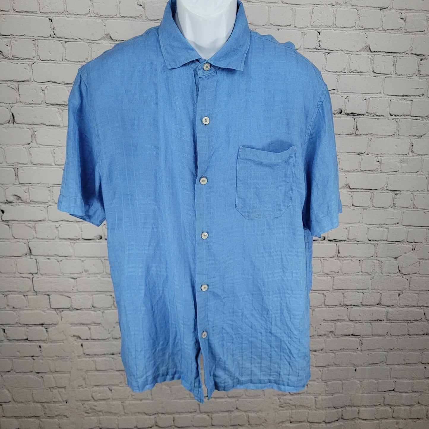 Tommy Bahama Blue 100% Linen Button Up Short Sleeve Shirt Size Large L