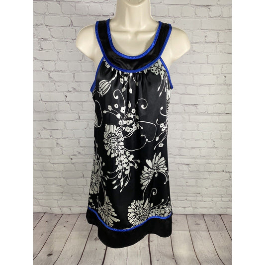 VTG Ruby Rox Black White Blue Satin Floral Sleeveless Tent Mini Dress 5 XS