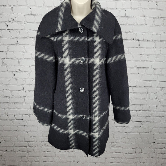 Hilary Radley Black Check Wool Blend Collared Buttoned Lined Over Coat Size PS