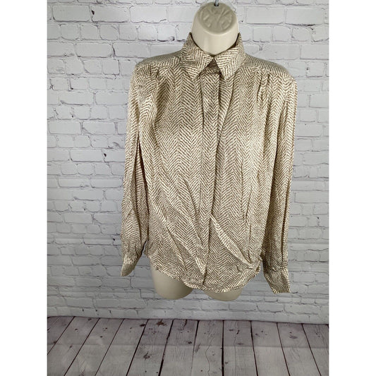 Vintage Oval Room All Silk Brown White Long Sleeve Button Up High Neck Shirt 10