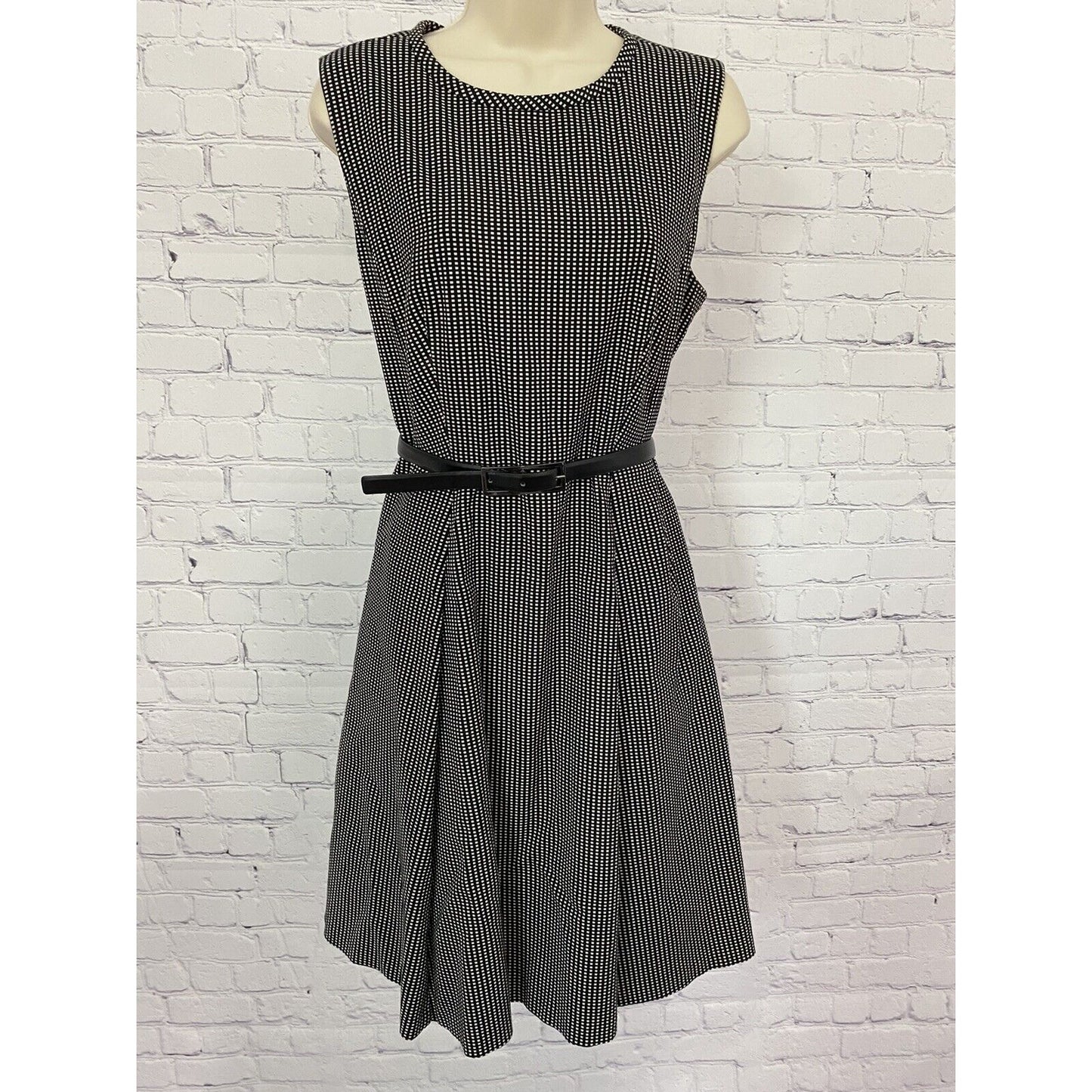 Classiques Entier Black and White Checkered Belted A-Line Dress Pockets Size 12
