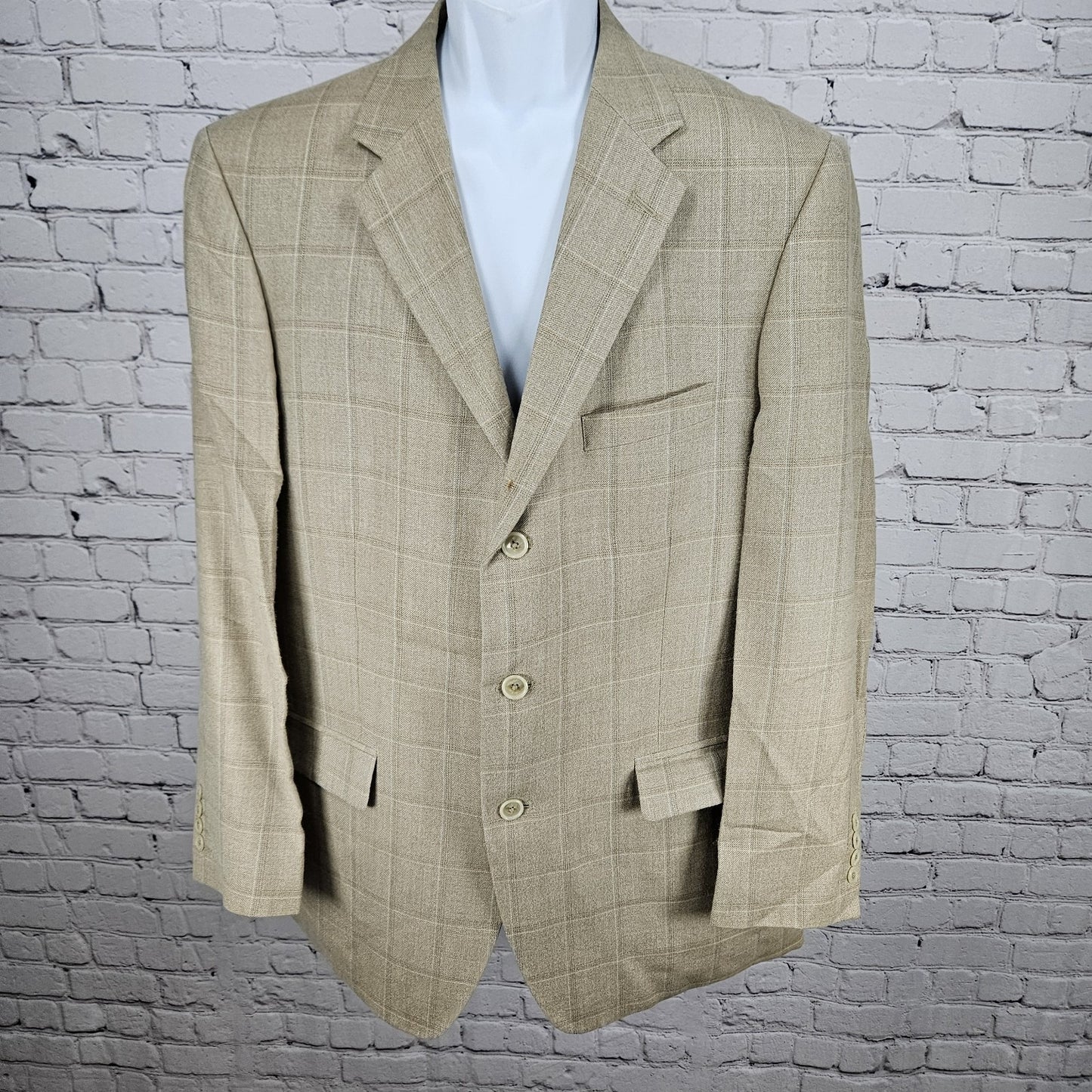 Stafford Beige Silk Wool Executive 3 Button Ventless Notch Blazer Sport Coat 42R