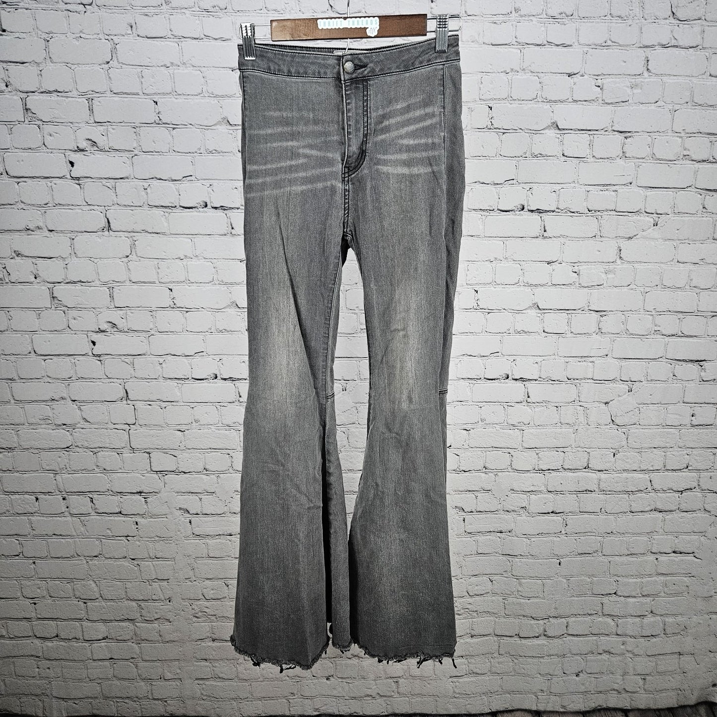 Free People Grey Mid Rise Raw Hem Super Flare Stretch Jeans 25 (24x33)