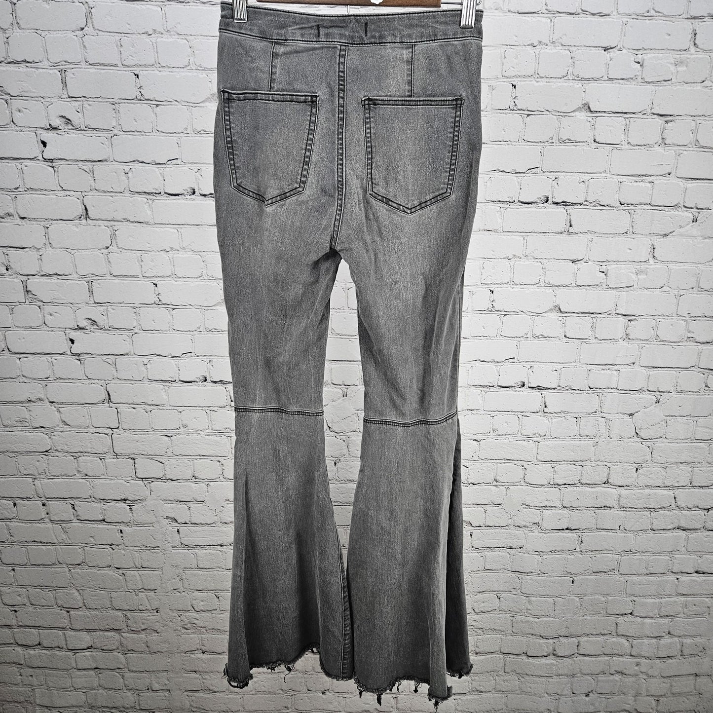 Free People Grey Mid Rise Raw Hem Super Flare Stretch Jeans 25 (24x33)