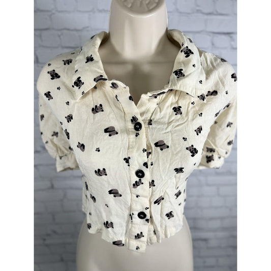 Native Youth Urban Outfitters Cream Panda Ruffle Shoulder Button Up Crop Top XS