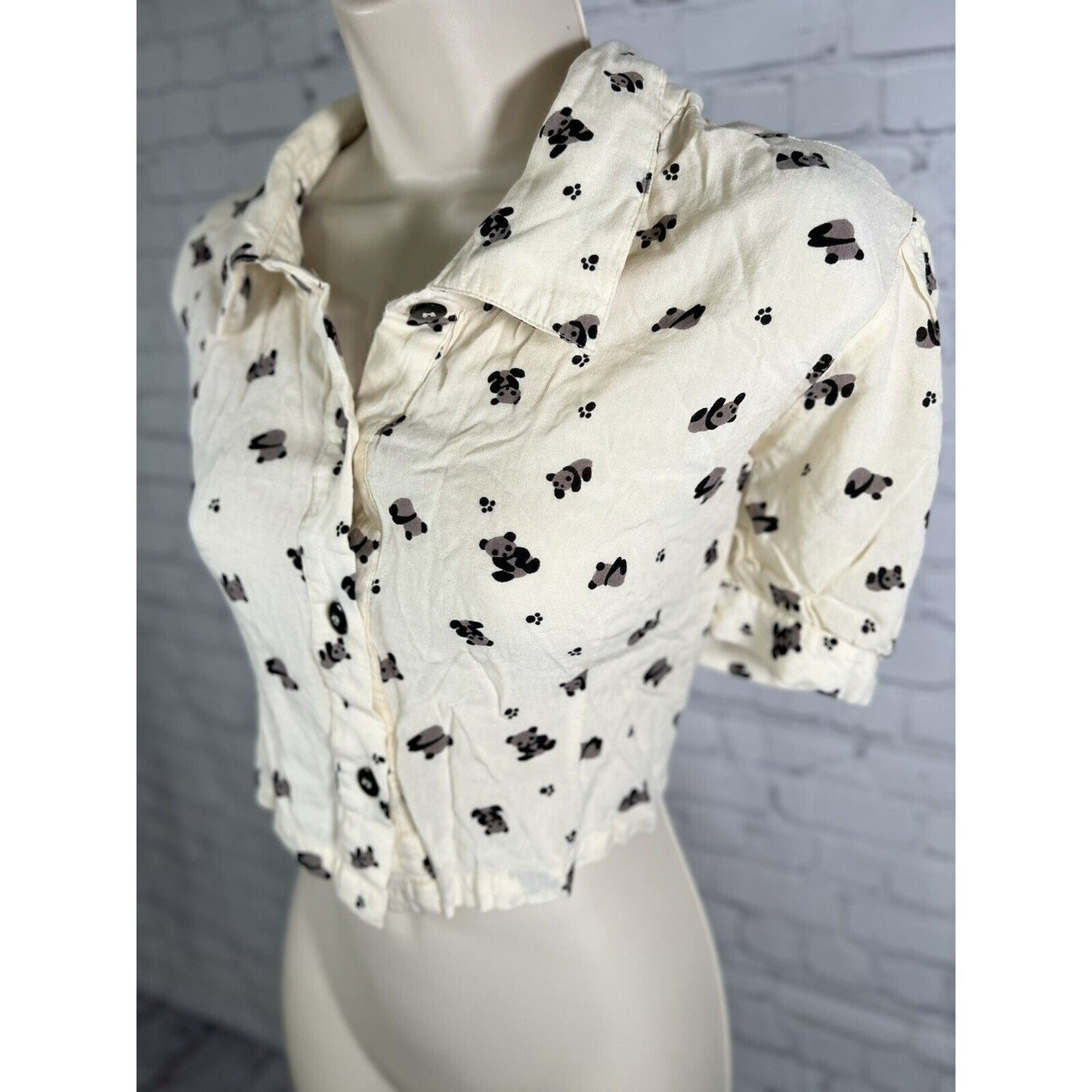 Native Youth Urban Outfitters Cream Panda Ruffle Shoulder Button Up Crop Top XS