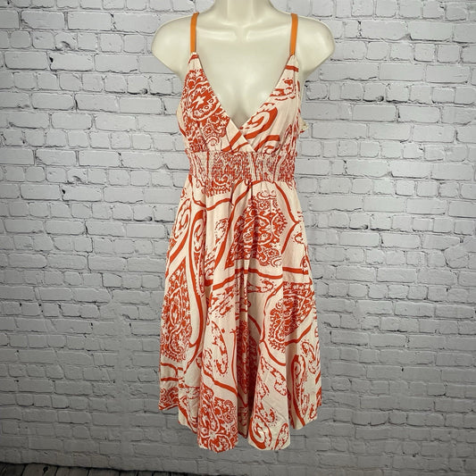 Maeve Anthropologie Orange Paisley 100% Cotton Smocked Waist A Line Dress Size 2