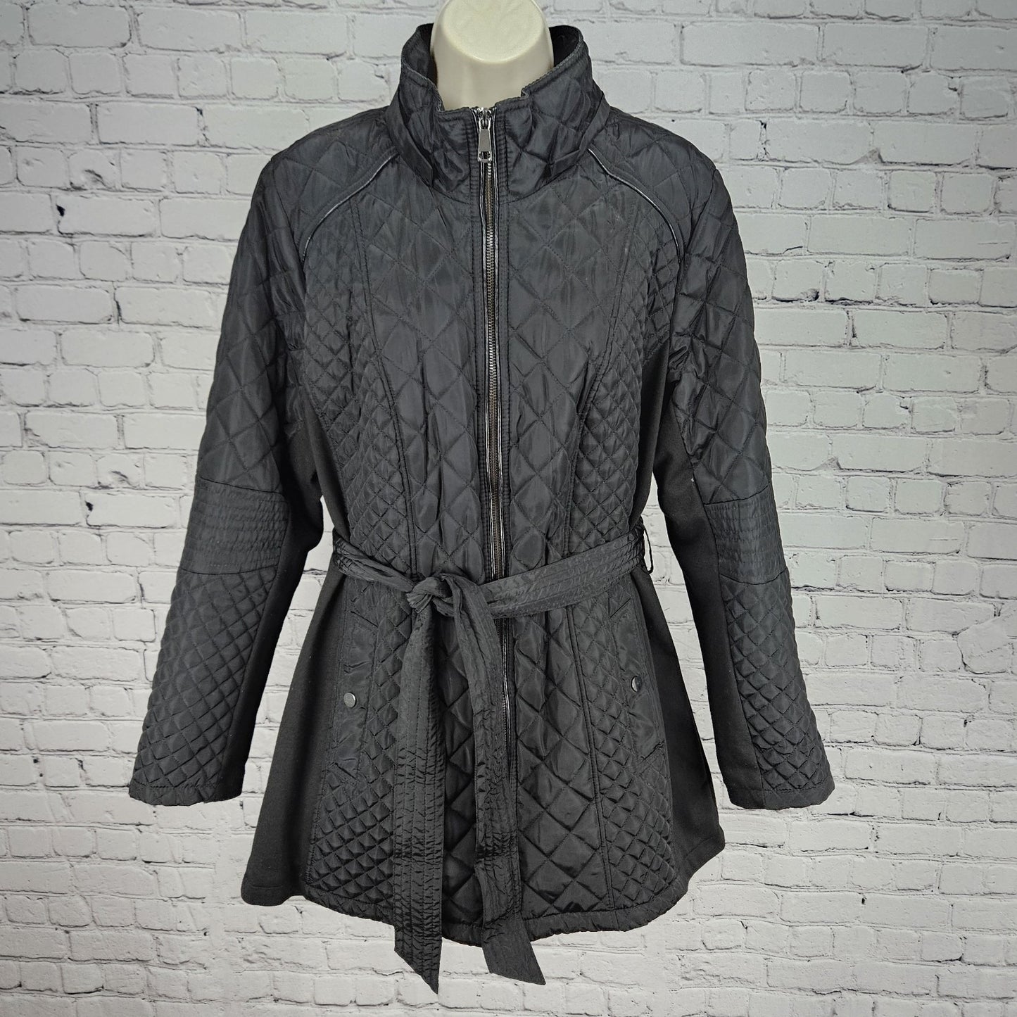 Sebby Collection Black Quilted Belted Stretch Knit Sides Insulated Jacket XL