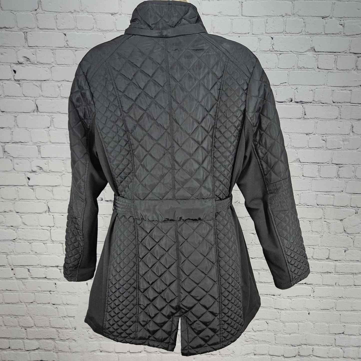 Sebby Collection Black Quilted Belted Stretch Knit Sides Insulated Jacket XL