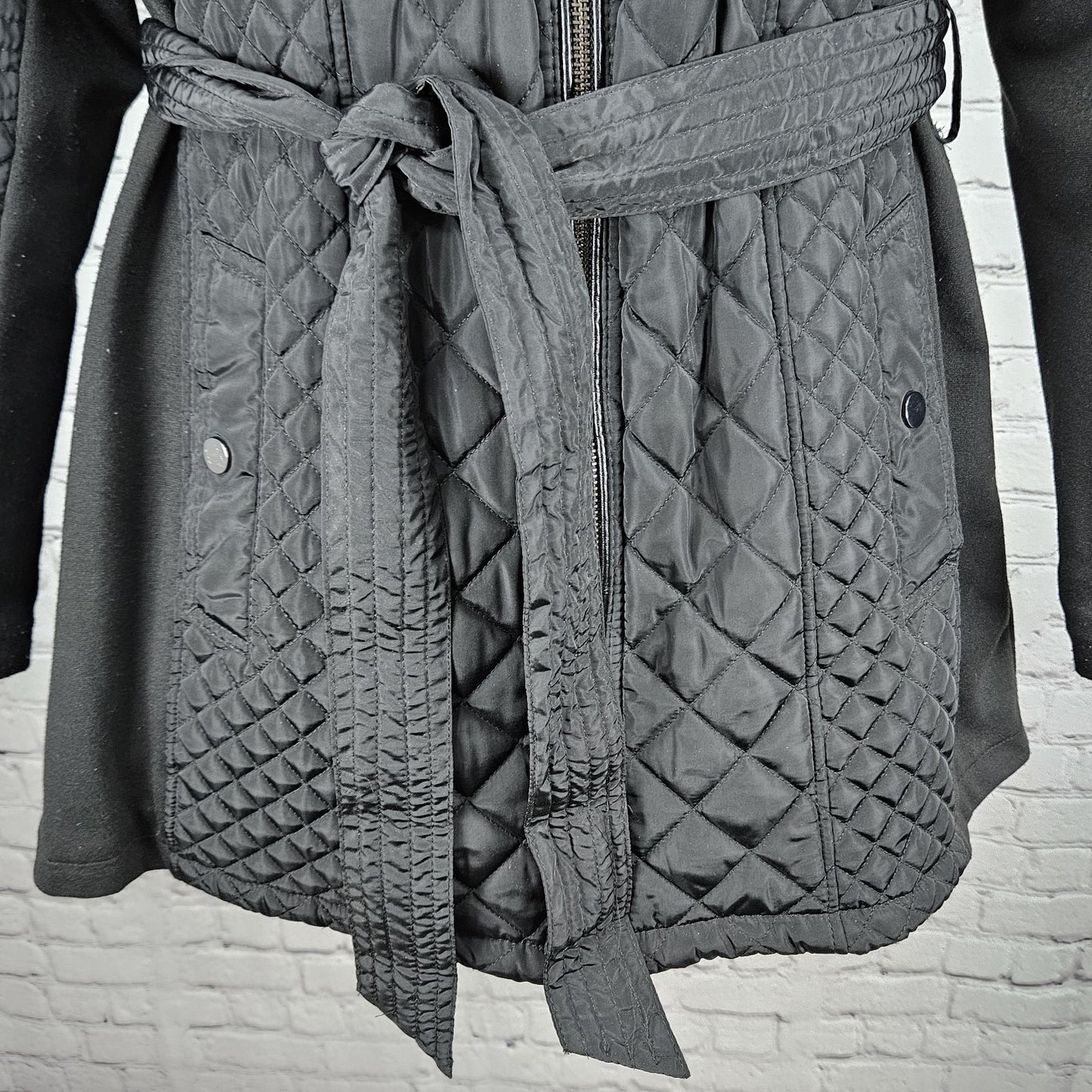 Sebby Collection Black Quilted Belted Stretch Knit Sides Insulated Jacket XL