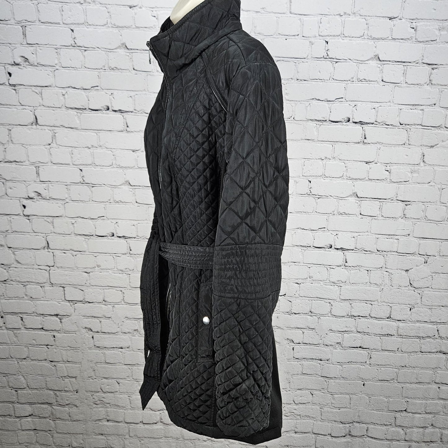 Sebby Collection Black Quilted Belted Stretch Knit Sides Insulated Jacket XL