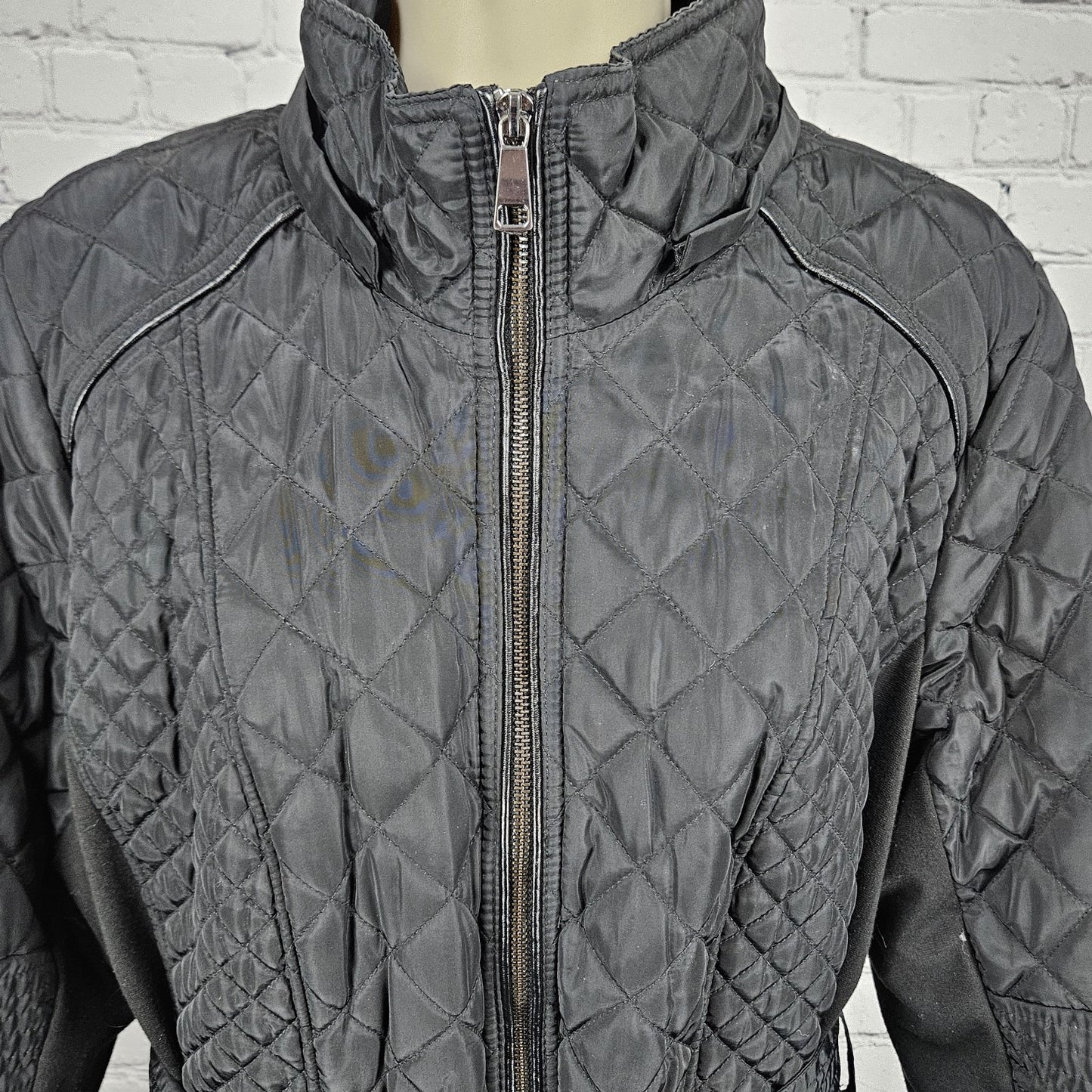 Sebby Collection Black Quilted Belted Stretch Knit Sides Insulated Jacket XL