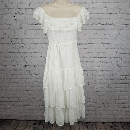 Lulus White Off Shoulder Sleeve Belted Ruffle Tiered Lined Midi Dress Size XS
