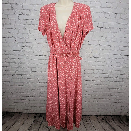 Papillon Pink 100% Silk Leaf Print Short Sleeve Belted Lined Long Wrap Dress 16