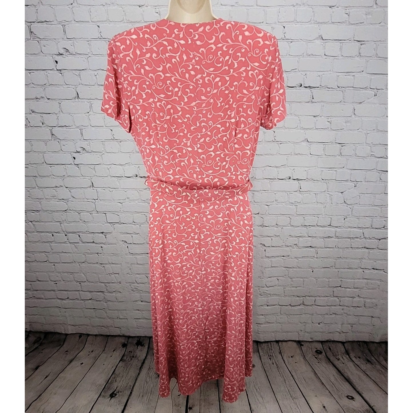 Papillon Pink 100% Silk Leaf Print Short Sleeve Belted Lined Long Wrap Dress 16
