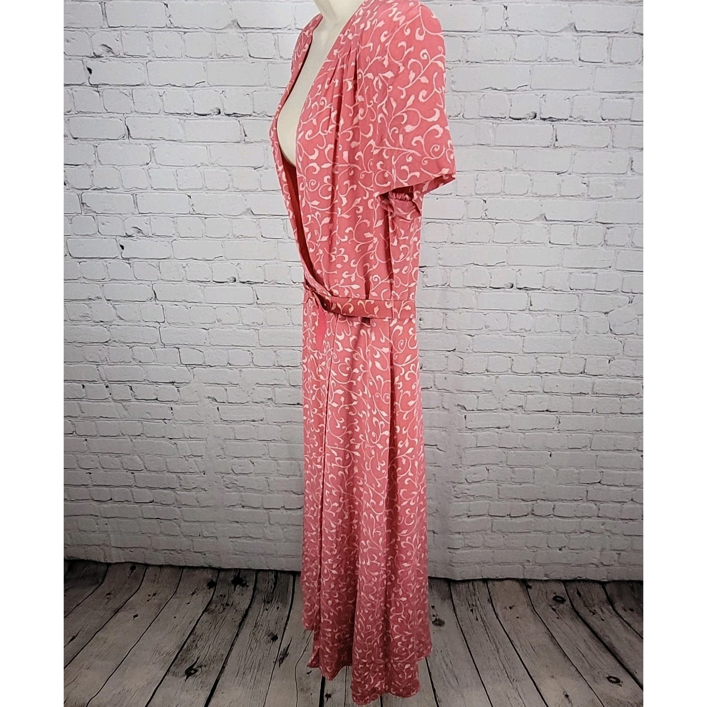 Papillon Pink 100% Silk Leaf Print Short Sleeve Belted Lined Long Wrap Dress 16