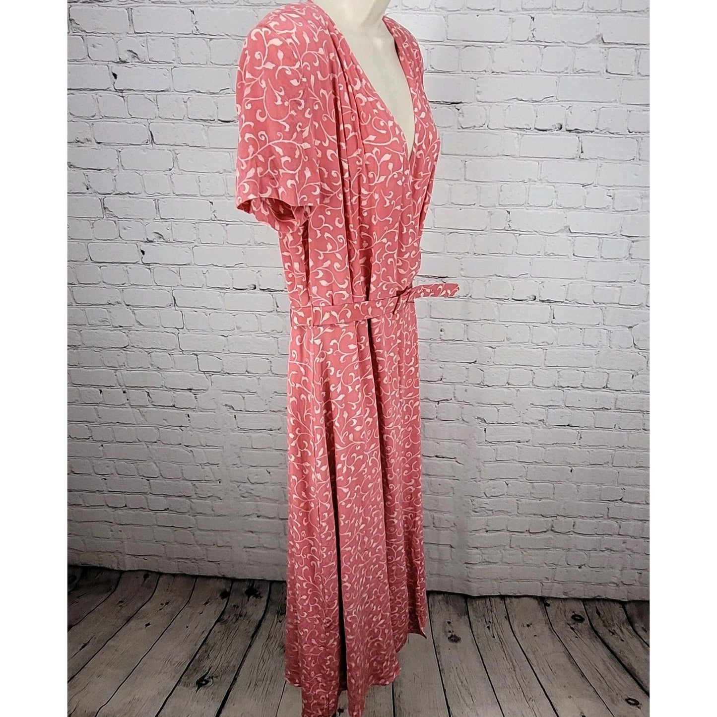 Papillon Pink 100% Silk Leaf Print Short Sleeve Belted Lined Long Wrap Dress 16