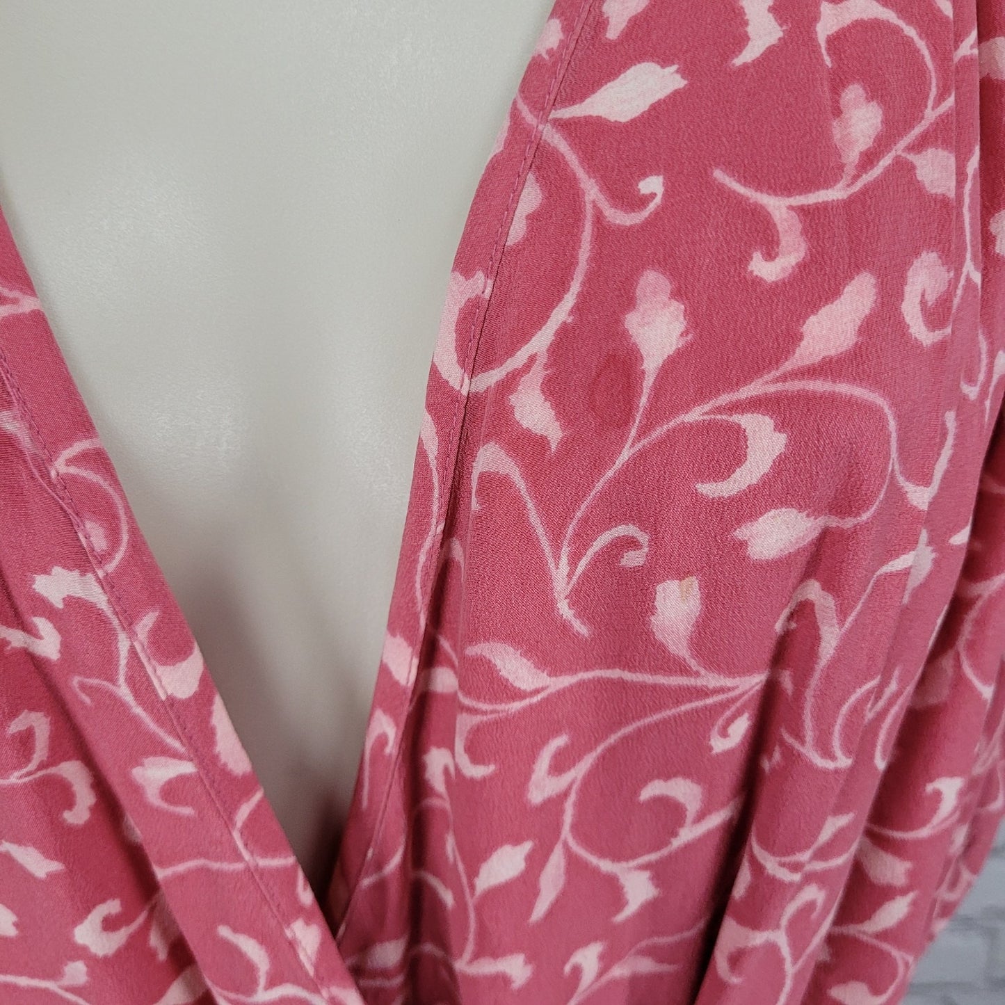 Papillon Pink 100% Silk Leaf Print Short Sleeve Belted Lined Long Wrap Dress 16